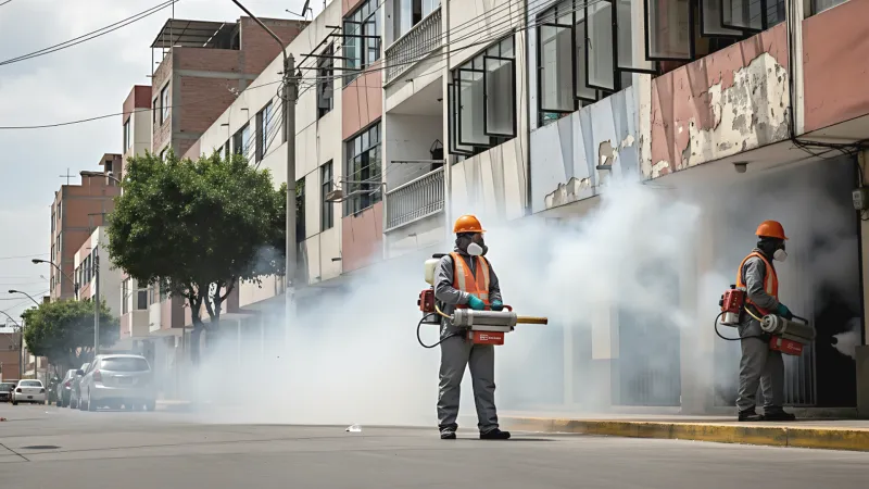 Equipo técnico realizando fumigación contra mosquitos en zona urbana de Trujillo.
