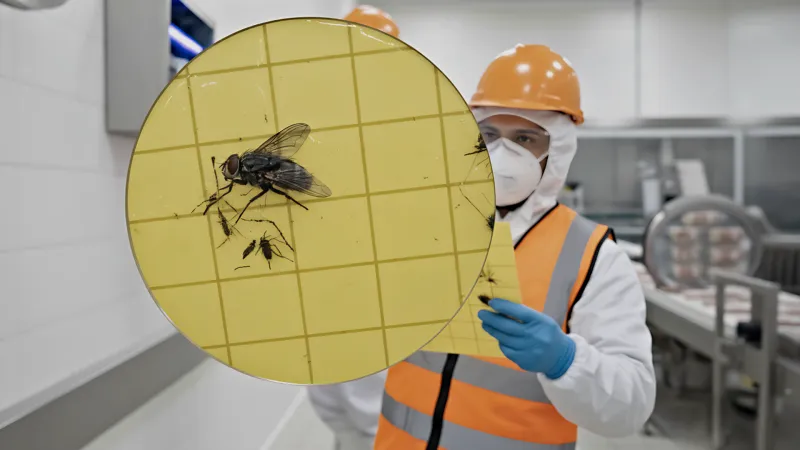 Técnico de Control Ambiental revisando una trampa de luz UV de placa adhesiva en una planta de alimentos en Trujillo.