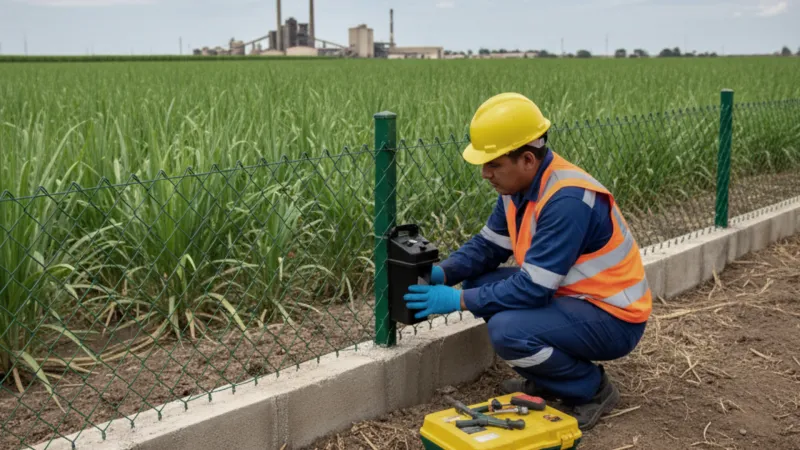 Técnico implementando un protocolo de desratización (control poblacional) en el perímetro de una granja en Trujillo.