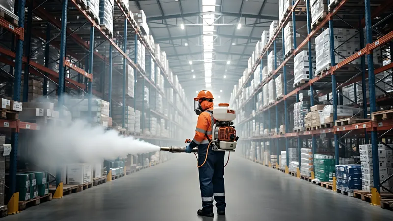 Técnico de Control Ambiental revisando una estación de monitoreo perimetral en una planta industrial.