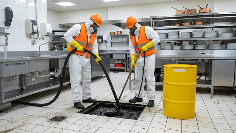 Técnico realizando la limpieza y succión de una trampa de grasa en la cocina de un restaurante en Trujillo.