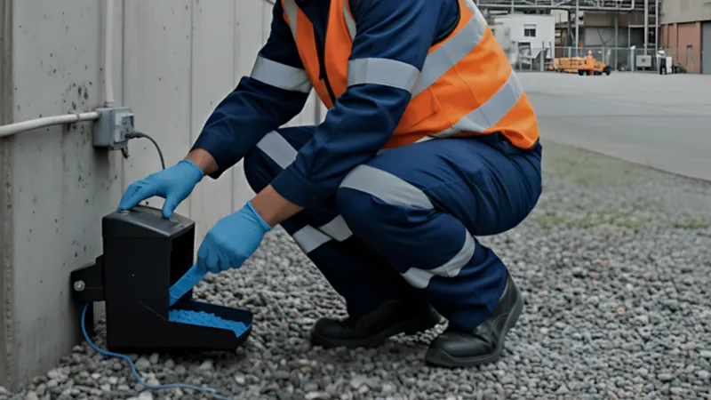 Técnico implementando un protocolo de desratización discreto en un restaurante de Trujillo para proteger su reputación.