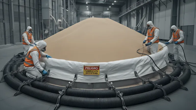Técnico aplicando tratamiento fitosanitario de fumigación con fosfuro de aluminio en almacén de granos en Trujillo.